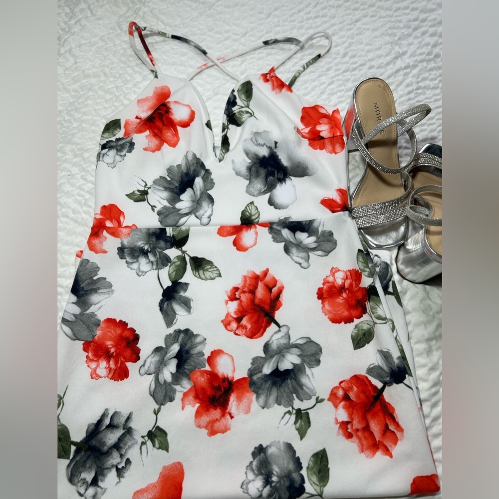 White Midi Dress with Red & Gray Floral Print